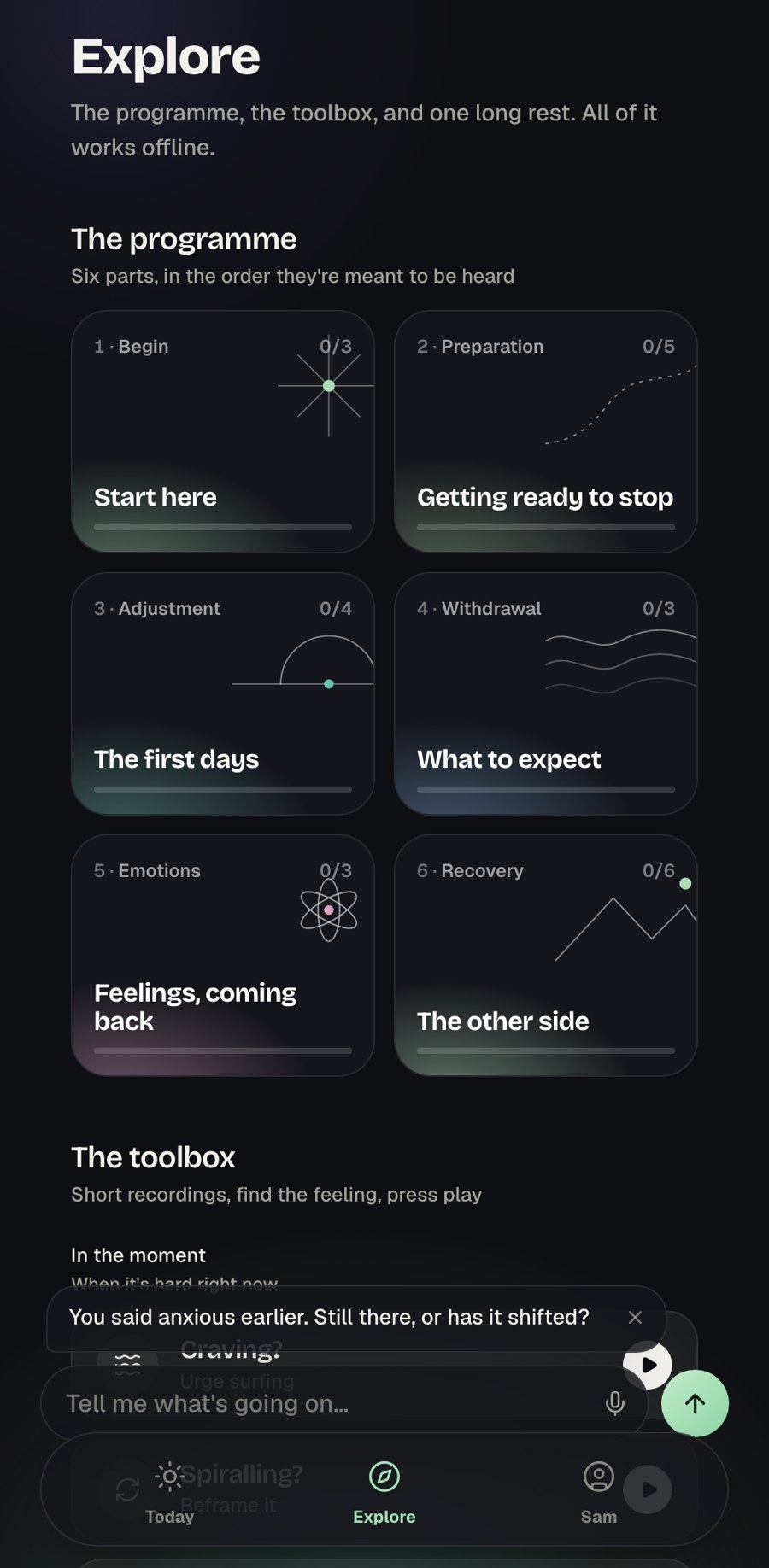 CannabisReset Explore screen showing the six-part programme and the toolbox